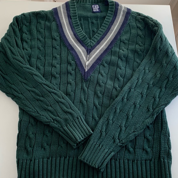 Gap Vintage Green Cable Knit Tennis Cricket Sweater V-neck 90s Oversized Fit - Picture 4 of 12